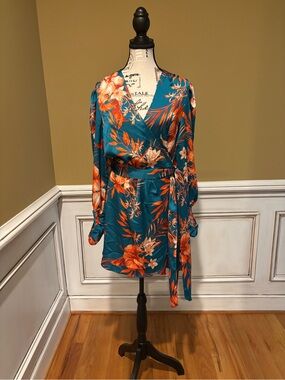 Teal Floral Wrap Dress with Orange Blooms